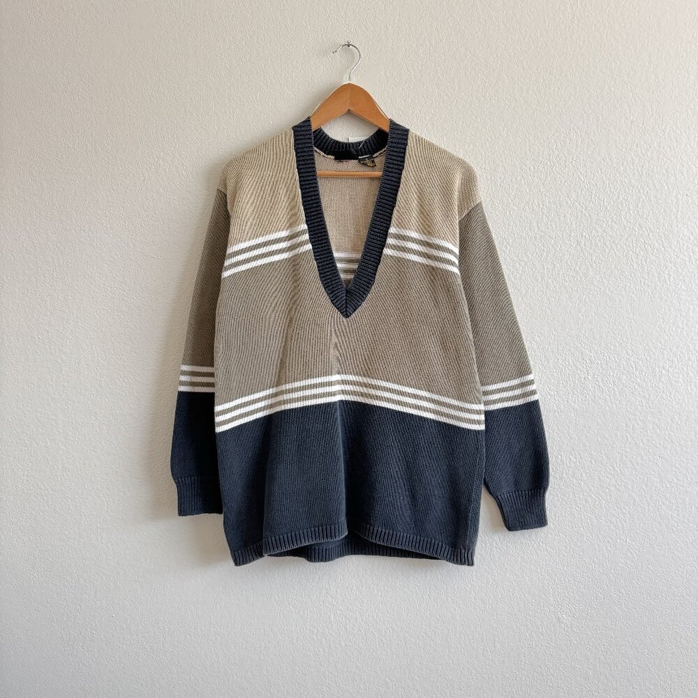 Vintage Liz Claiborne Green Color Block Striped Academia Sweater S-M